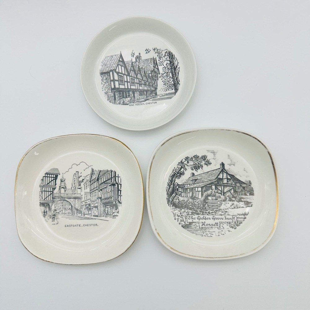 Vintage England Souvenir Plates Set 3 Black White Transferware Square and Circle